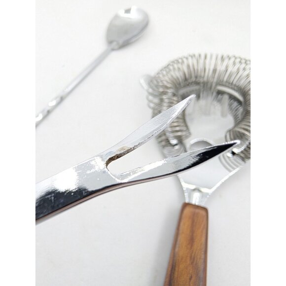 MCM 3 Barware strainer, Stirrer & fork pick faux wood handle bakelite? metal - Picture 4 of 15